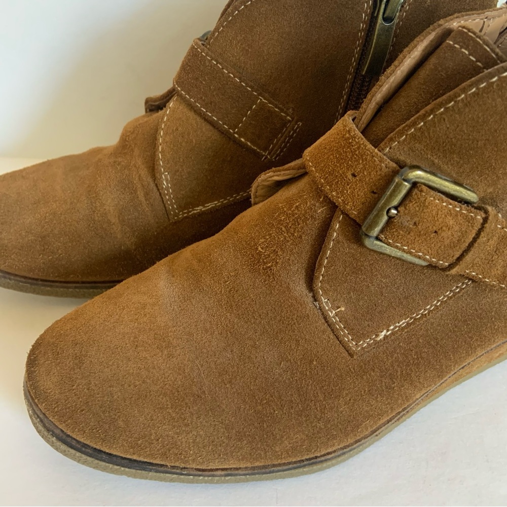 Franco Sarto Brown Suede Wedge Booties Womens 7 Buckle Strap Brooke Leather - Picture 2 of 8